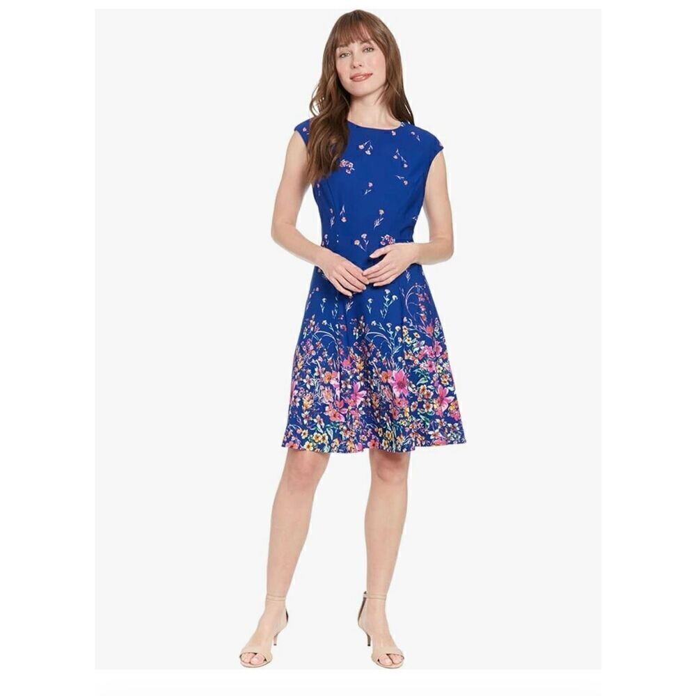 London Times Women’s Size 6 Cap Sleeve Fit and Flare Dress Blue Multicolor